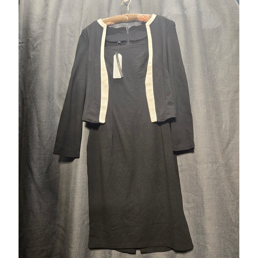 Mushare‎ Dress & Jacket Set Black Career Wear Square Neck Long Sleeve  Womens M